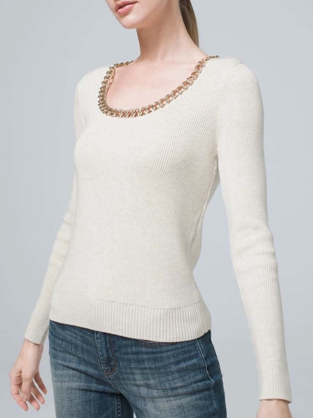 WHBM CREAM CHAIN DETAIL RIBBED SWEATER